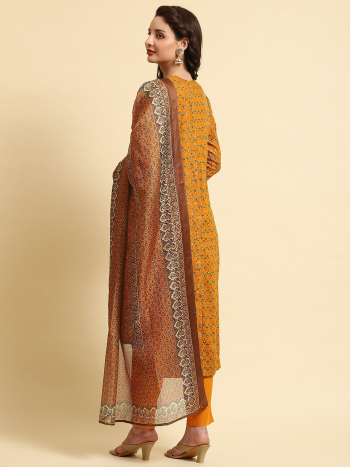 Women Yellow A-line Printed Kurta Trouser Dupatta.
