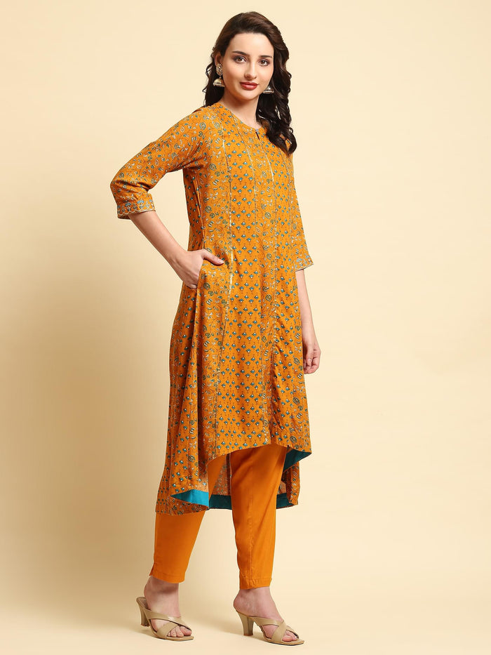 Women Yellow A-line Printed Kurta Trouser Dupatta.
