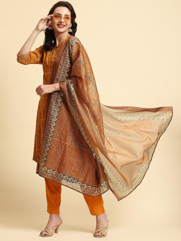 Women Yellow A-line Printed Kurta Trouser Dupatta.