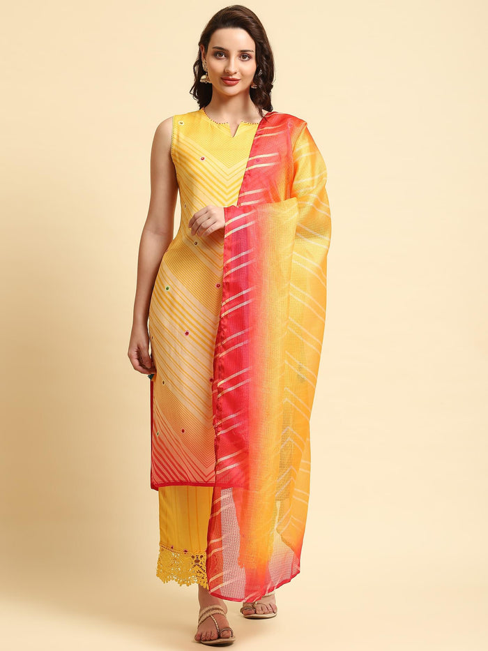 Women Yellow Geometric Printed Kurta Comfort Pant Dupatta.