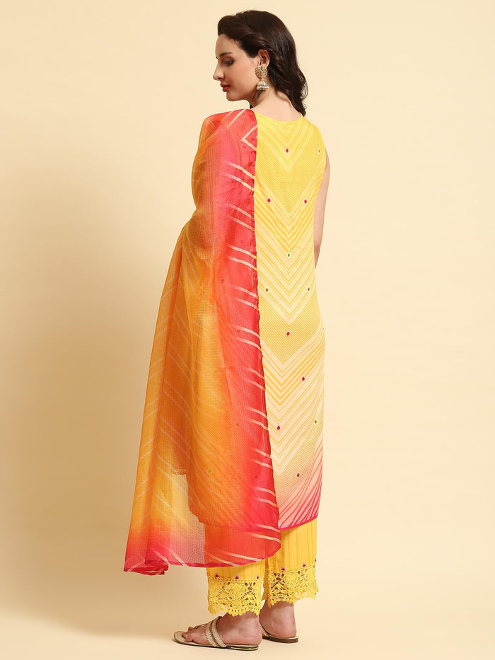 Women Yellow Geometric Printed Kurta Comfort Pant Dupatta.