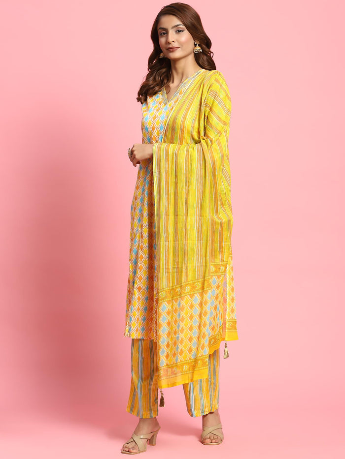Women Yellow Geometric Printed Kurta Comfort Pant Dupatta.