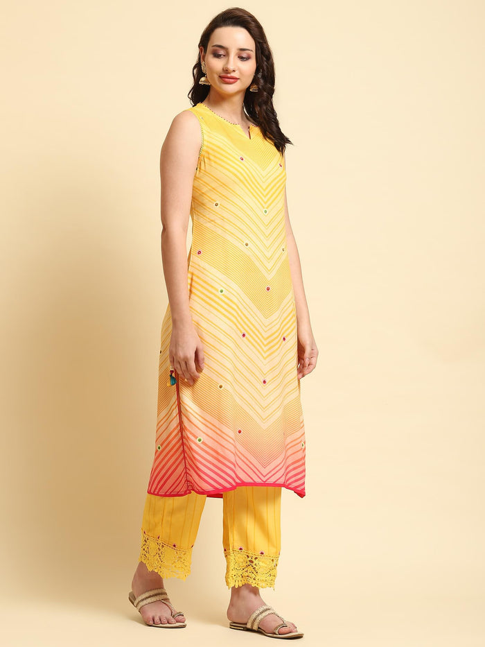 Women Yellow Geometric Printed Kurta Comfort Pant Dupatta.