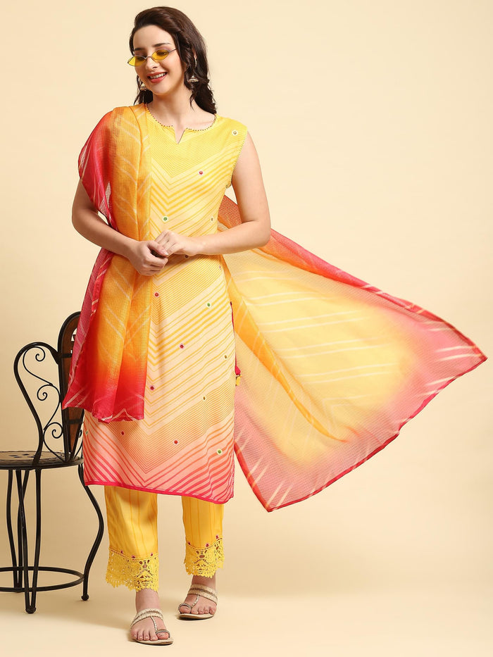 Women Yellow Geometric Printed Kurta Comfort Pant Dupatta.