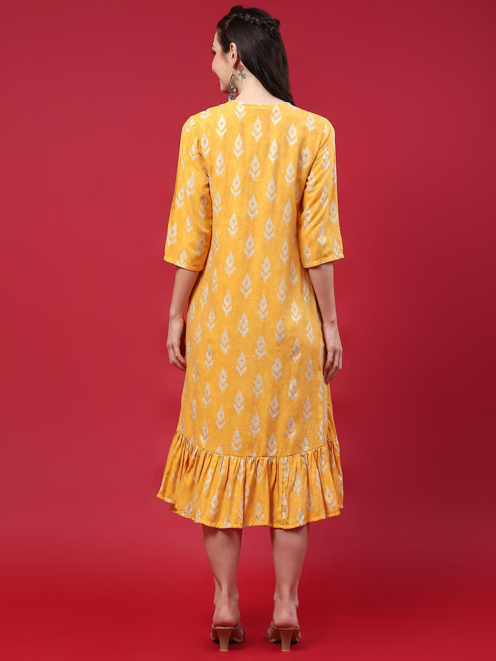 Women Yellow Ikat Printed Dress.