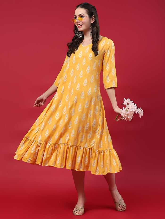 Women Yellow Ikat Printed Dress.