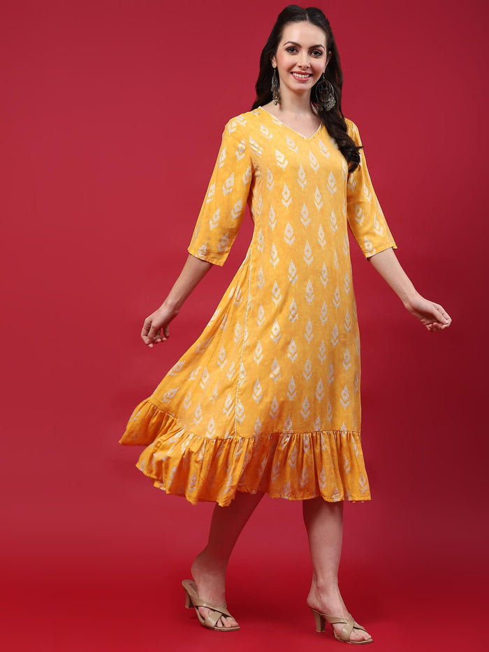 Women Yellow Ikat Printed Dress.