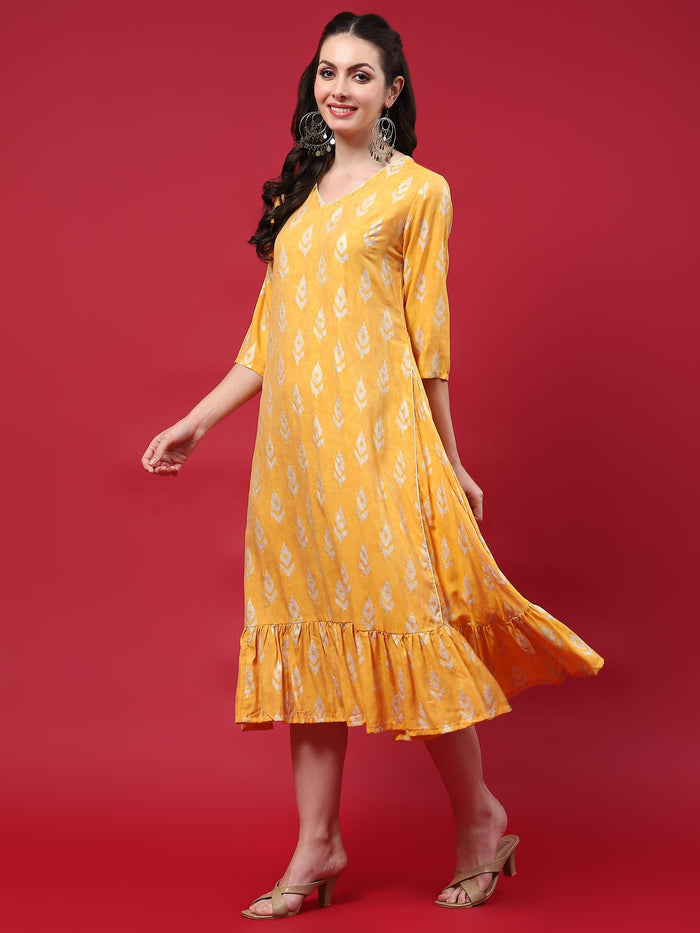 Women Yellow Ikat Printed Dress.