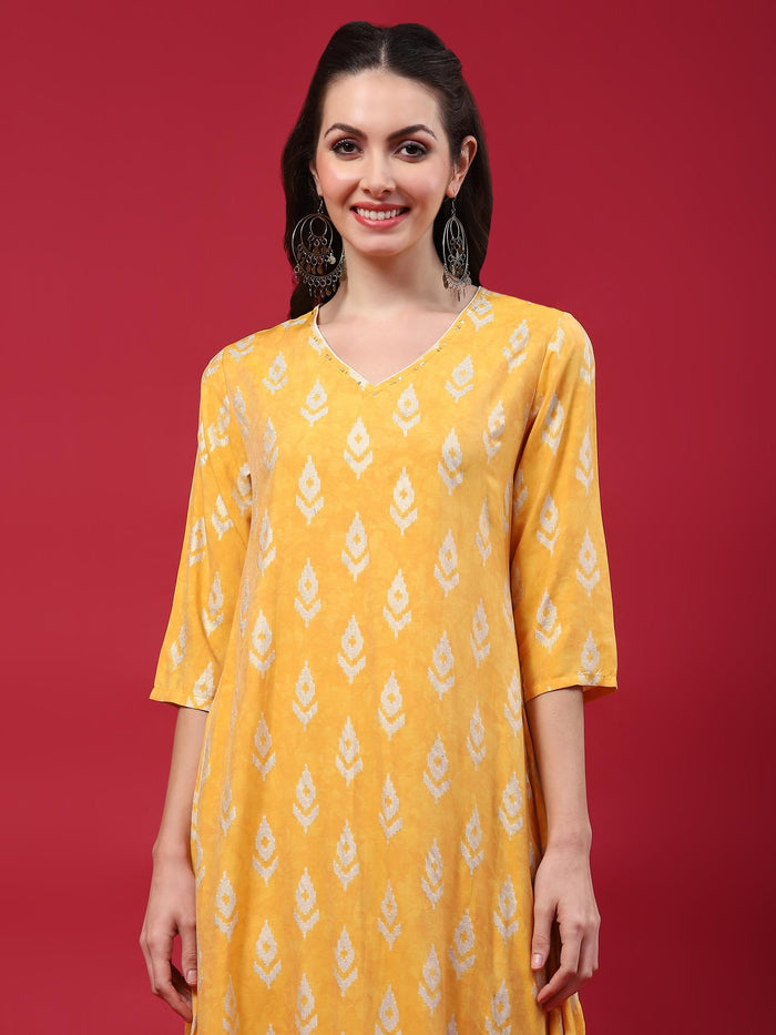 Women Yellow Ikat Printed Dress.
