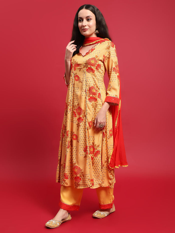 Women Yellow Liva Rayon Kurta Comfort Pant Dupatta.