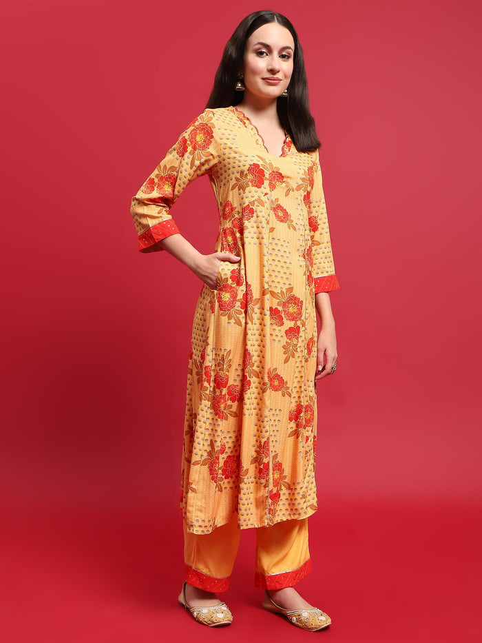 Women Yellow Liva Rayon Kurta Comfort Pant Dupatta.