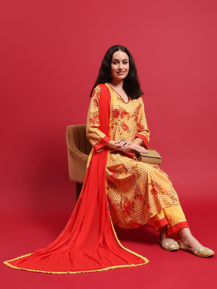 Women Yellow Liva Rayon Kurta Comfort Pant Dupatta.