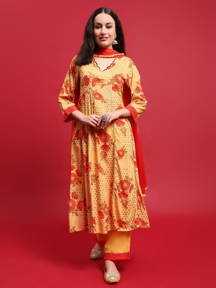 Women Yellow Liva Rayon Kurta Comfort Pant Dupatta.