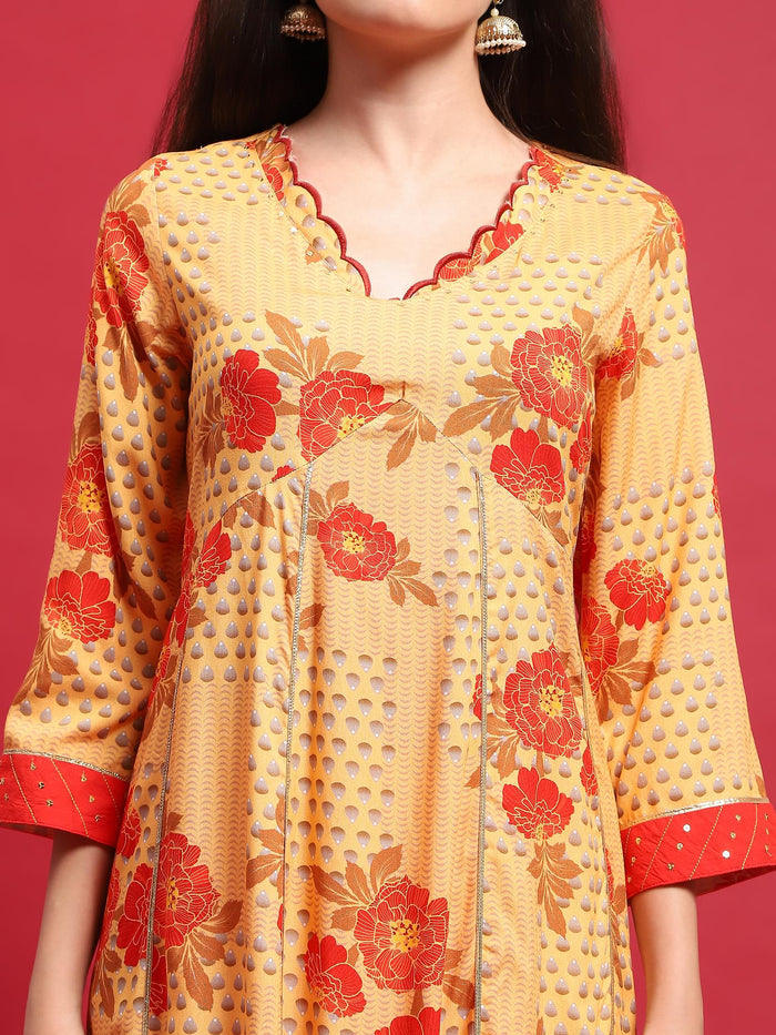 Women Yellow Liva Rayon Kurta Comfort Pant Dupatta.