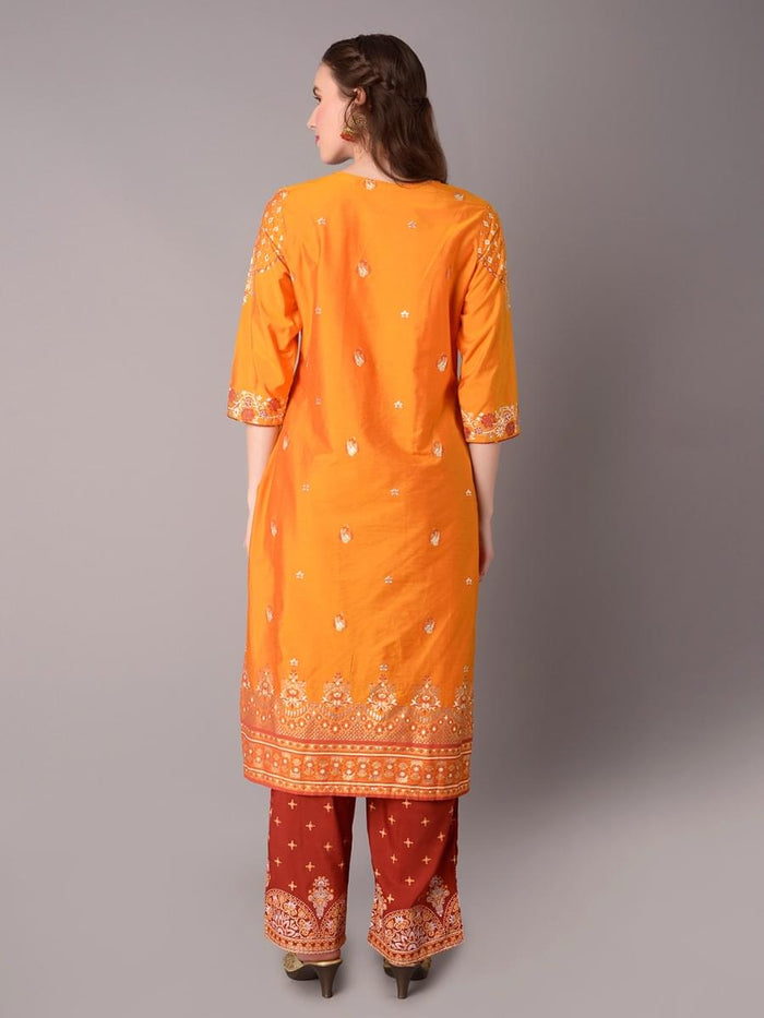 Women Yellow Ornamental Printed Kurta Salwar Dupatta.