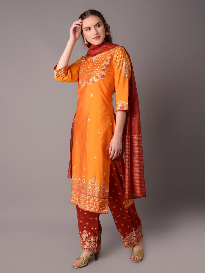 Women Yellow Ornamental Printed Kurta Salwar Dupatta.