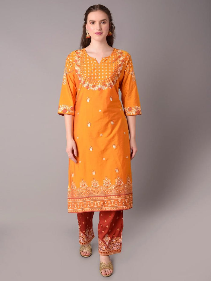 Women Yellow Ornamental Printed Kurta Salwar Dupatta.