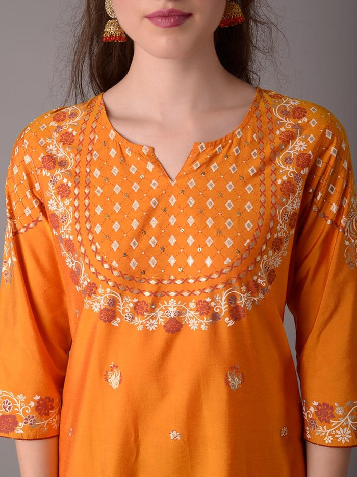 Women Yellow Ornamental Printed Kurta Salwar Dupatta.