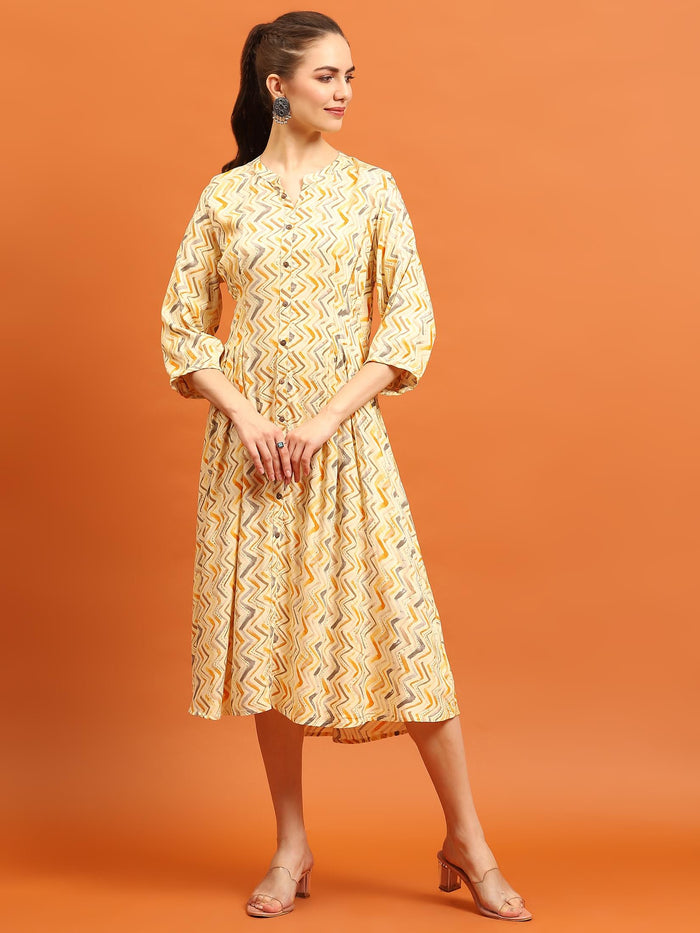 Women Yellow Printed Dress.