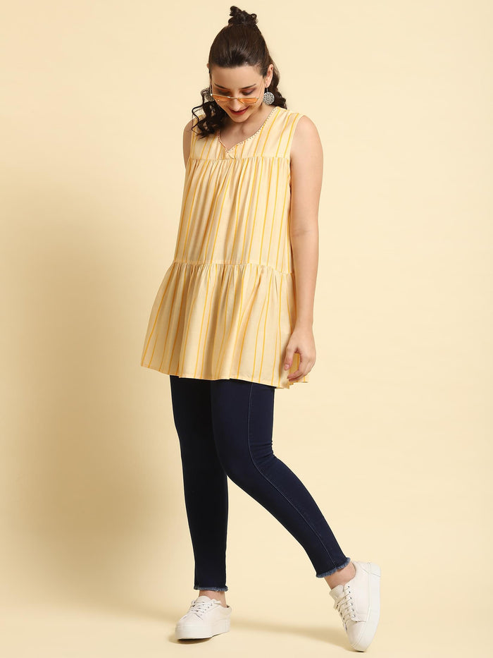 Women Yellow Stripe Printed Tunic.