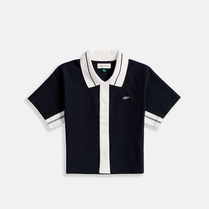 Women's Cropped Tennis Polo - Navy/White