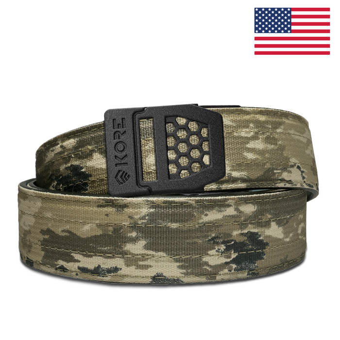 Kore Essentials ATACS camo EDC gun belt with an X6 Black buckle