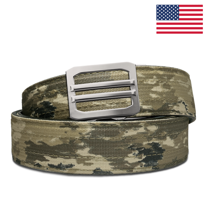Kore Essentials ATACS camo tactical belt with an X1 buckle.