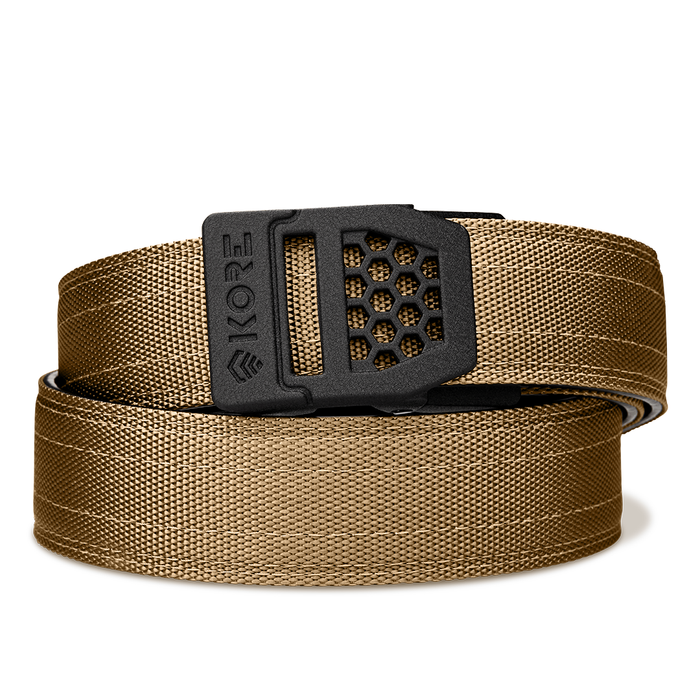 Koer Essentials Ratcheting Coyote Tactical Gun Belt with an X6 Black Buckle