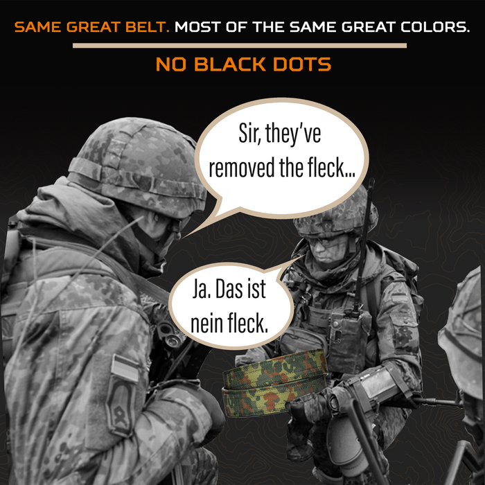 Two soldiers in camouflage gear with a speech bubble indicating a conversation about removing a 'fleck'.