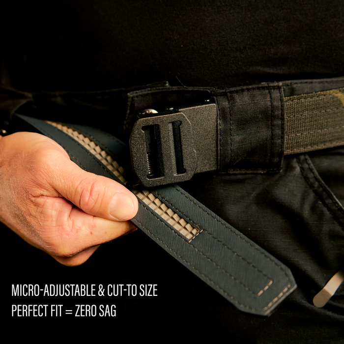 Person showing the track of a Kore Essentials gun belt. There is text that reads "micro-adjustable & cut-to-size. perfect fit = zero sag."