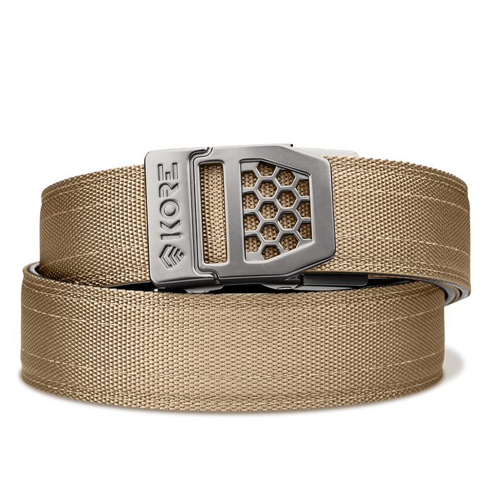 Kore Essentials Tan 499 Tactical Gun Belt with an X6 Gunmetal Buckle