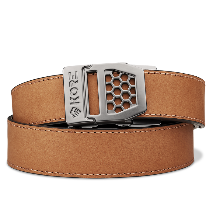 Kore Essentials Tan Buffalo Leather Ratcheting Gun Belt with an X6 Gunmetal Buckle