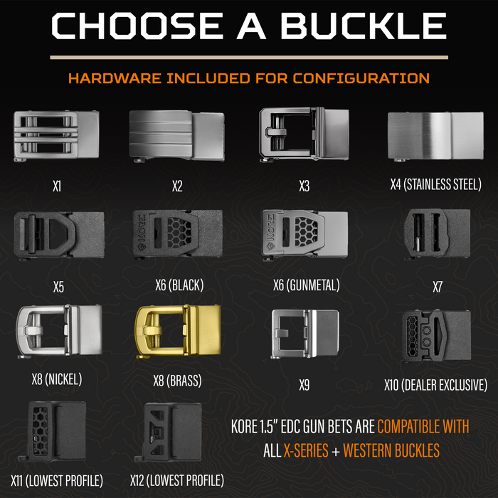 Graphic showcasing all of the buckle combinations available for Kore Essentials gun belts. This includes the X1, X2, X3, X4, X5, X6, 7, X8, X9, X10, X11 & X12, as well as the Kore Essentials western gun belt buckles.
