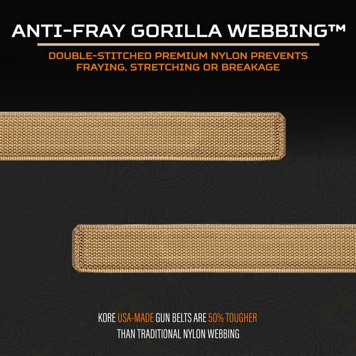 Graphic Showcasing that Kore Essentials Anti-Fray Gorilla Webbing is 50" Tougher than Traditional Nylon Webbing. A Coyote USA Made Kore Gun Belt Strap is Displayed.