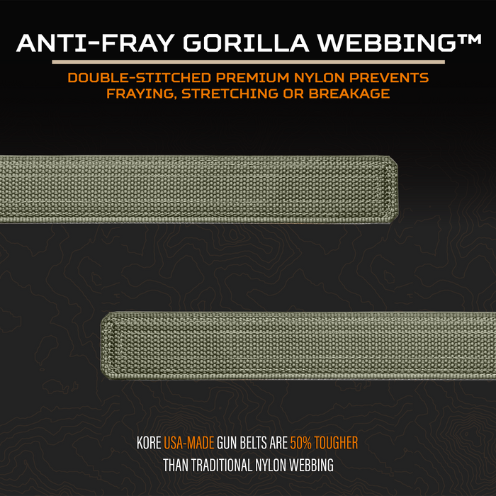 A graphic explains Kore Essenitals USA Made gun belt anti-fray Gorilla Webbing is twice as tough as traditional gun belts