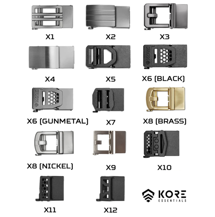 Graphic showcasing the complete collection of Kore Essentials 1.5" X Series Buckles for Kore Gun Belts